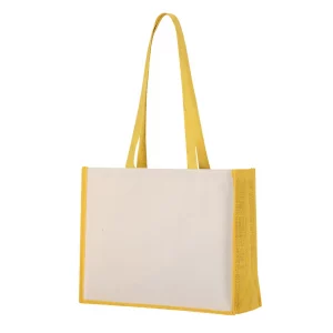 Borsa shopper in juta naturale con manici in cotone e logo personalizzato. Perfetta per il merchandising aziendale